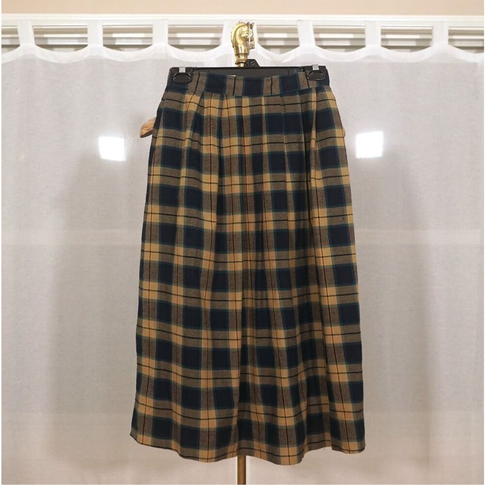 Vintage 90s Jos. A. Bank Navy Tan Plaid Midi Skirt